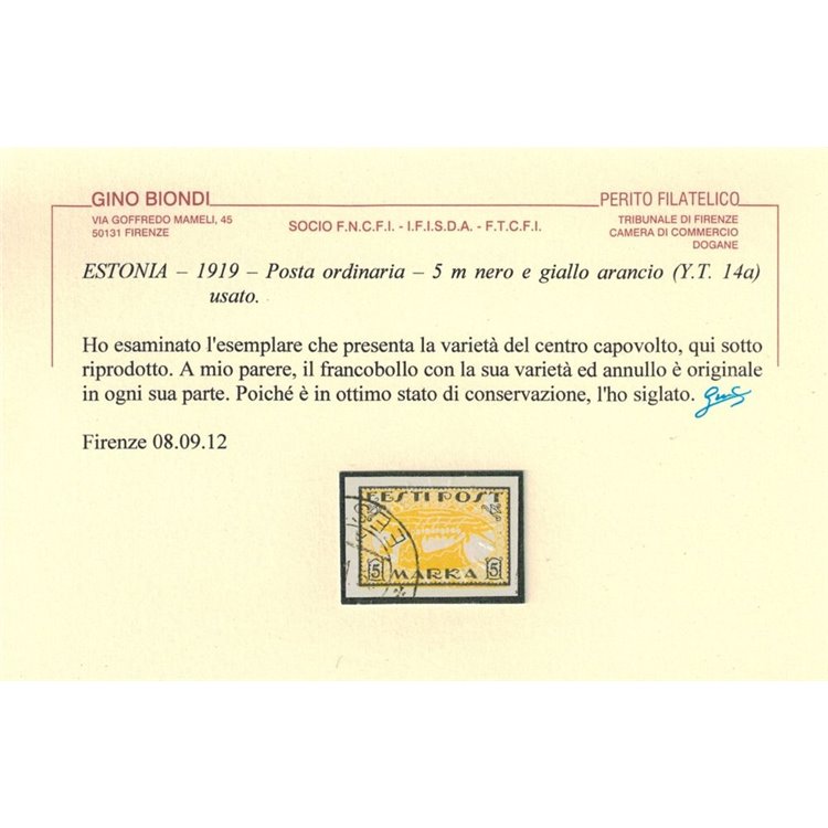 ESTONIA 1919 Varietà, 5m nero e giallo arancio us ©