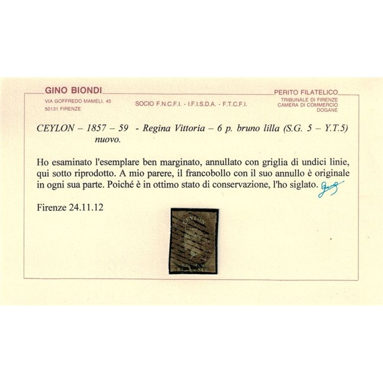 CEYLON 1857-59 Regina Vittoria 6p bruno lilla us ©