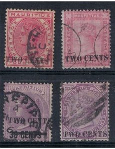 MAURITIUS 1891 Regina Vittoria, soprastampati Two Cents 4v us