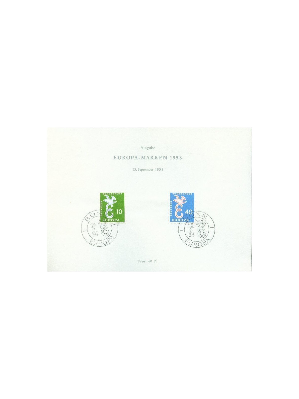 GERMANIA BRD 1958 Europa, Sonderblatt FDC 2v us