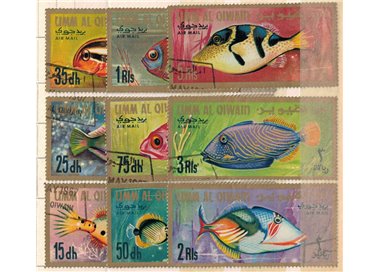UMM AL QIWAIN 1967 Fauna marina, pesci, posta aerea 9v us