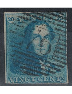 BELGIO 1849 Re Leopoldo I 20c azzurro us