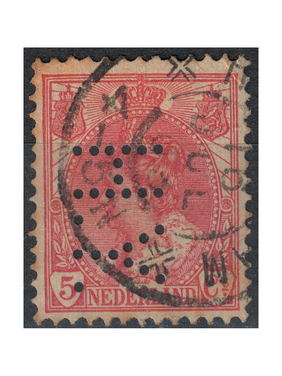 OLANDA 1898-1906 Effigie della Regina Guglielmina 5c rosa, perfin, us