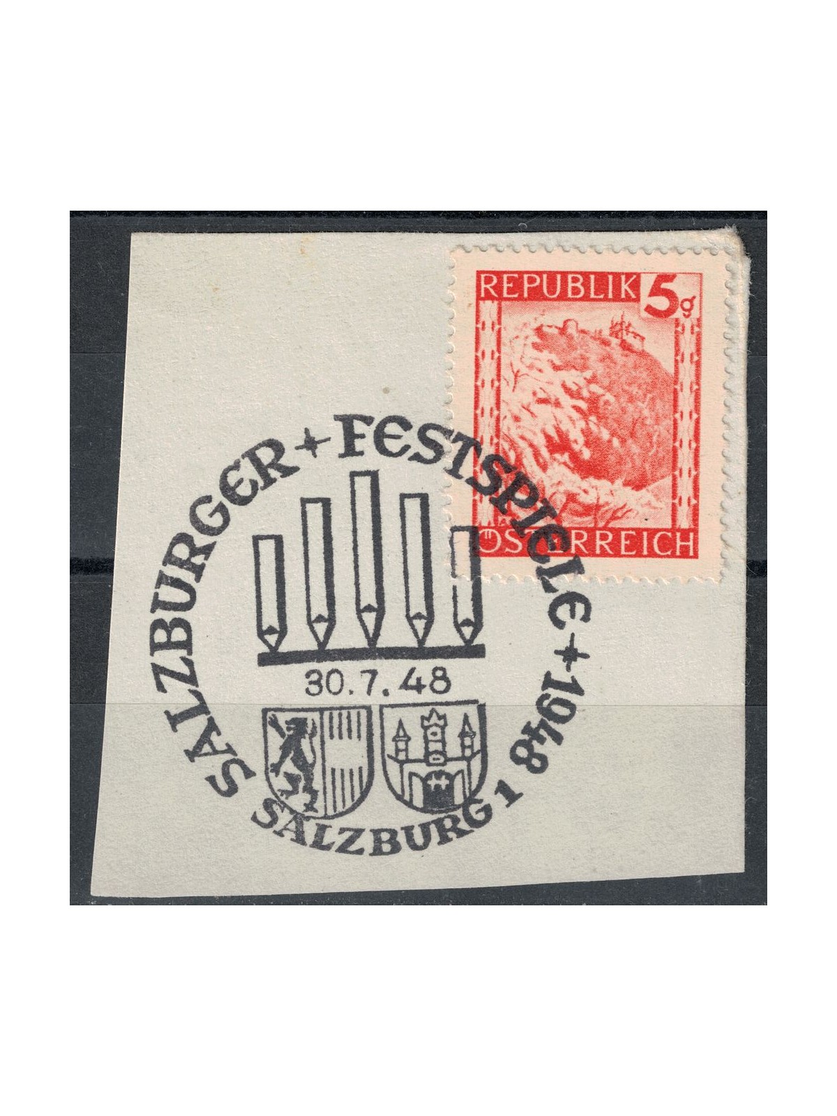 AUSTRIA 1947-48 Serie ordinaria, paesaggi 5g usato su frammento
