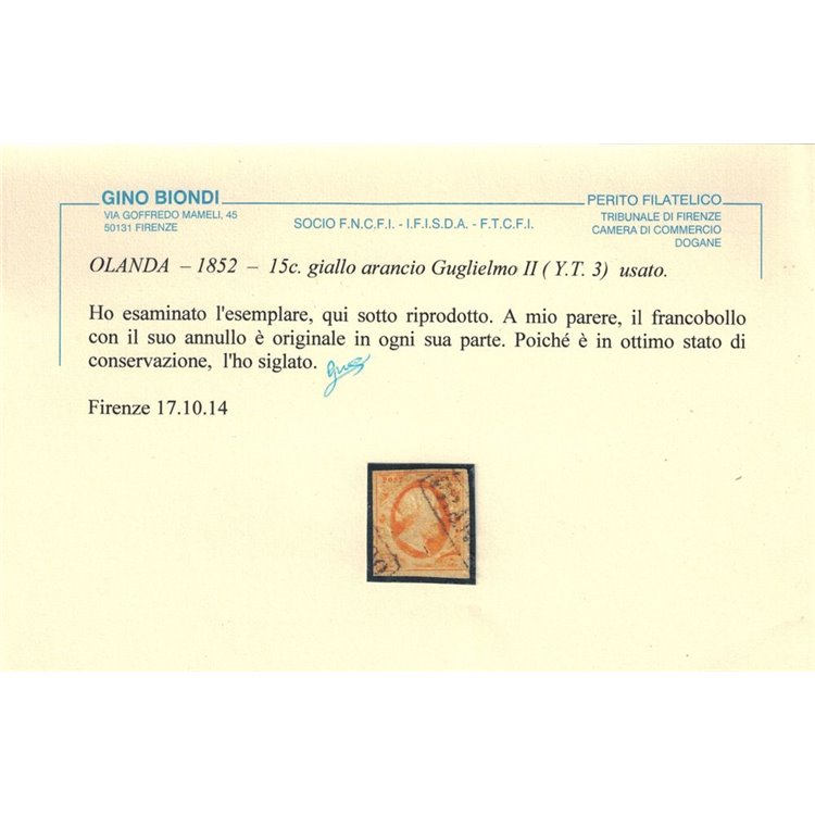 OLANDA 1852 Effigie di Re Guglielmo III 15c giallo arancio us ©