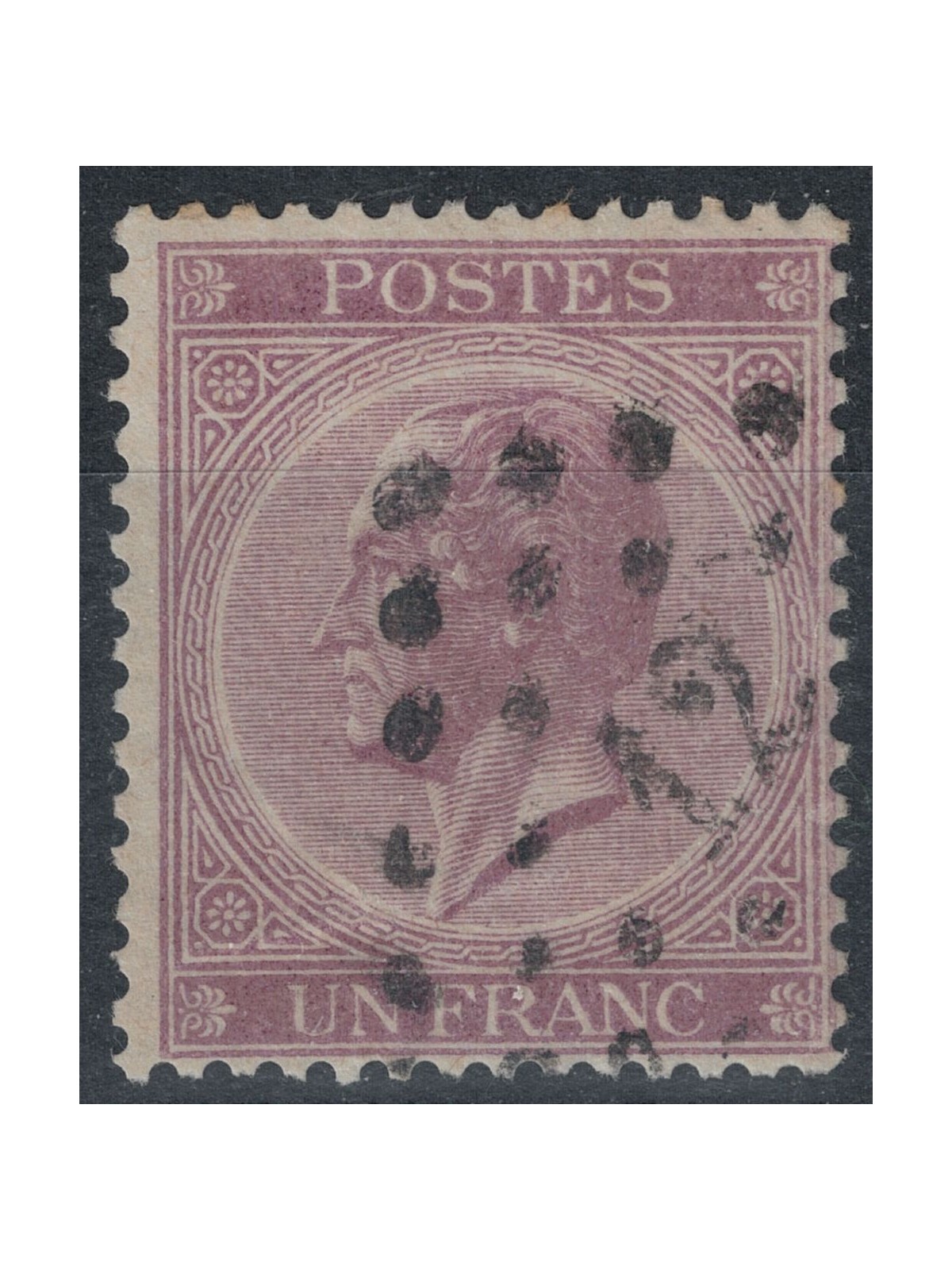 BELGIO 1865 Re Leopoldo I 1 fr. violetto us