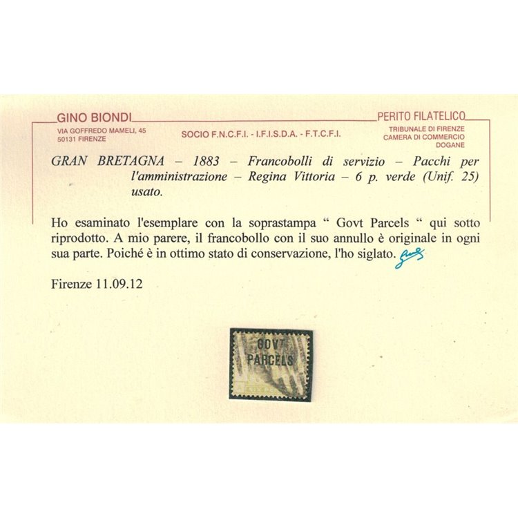 GRAN BRETAGNA 1883 Servizio (GOV. T PARCELS) 6p verde us ©