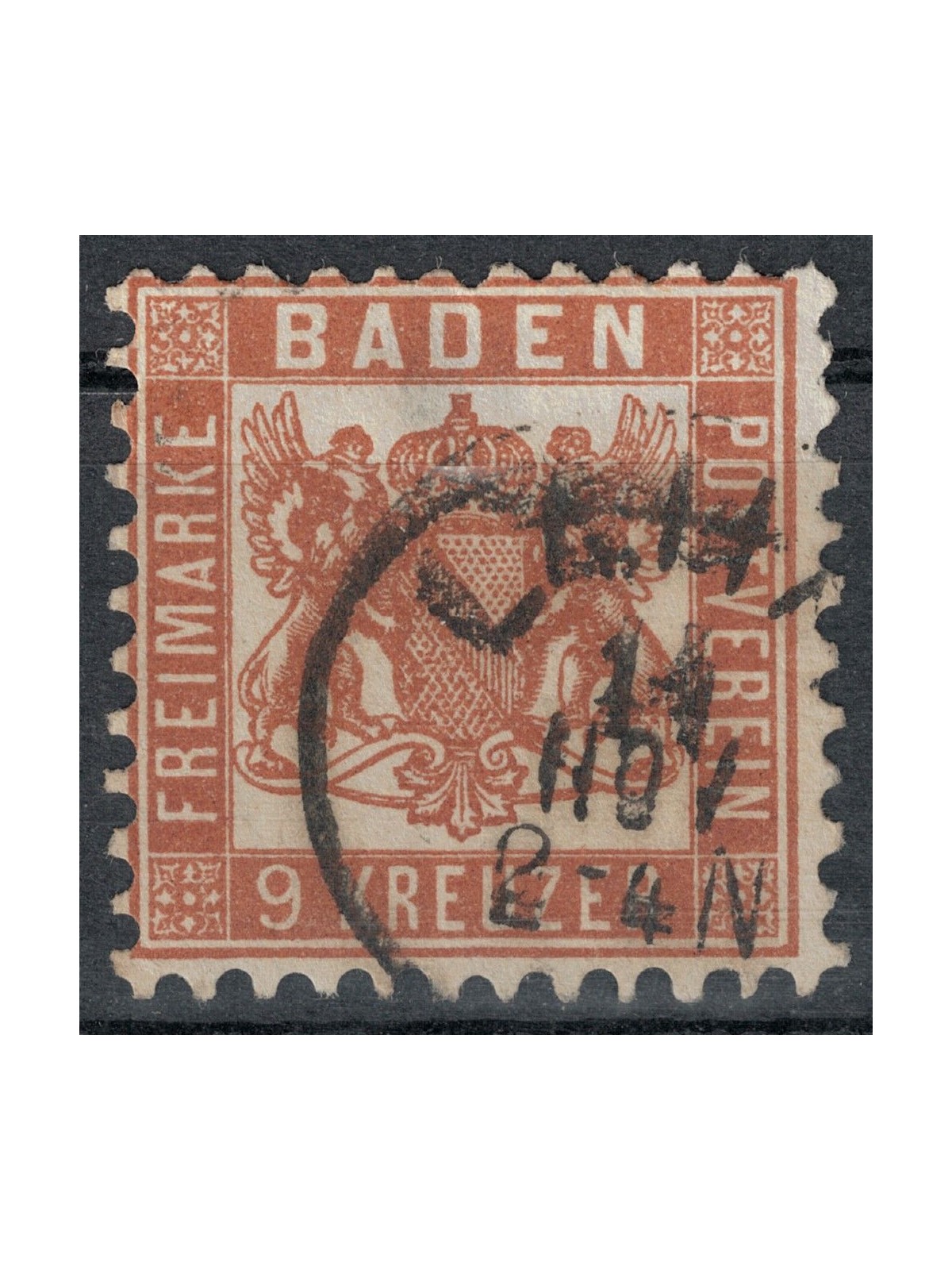 BADEN 1862-65 Coat of arms 9 kreuzer brown red us