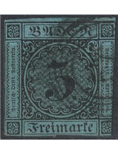BADEN 1853-58 3 kreuzer azzurro chiaro us