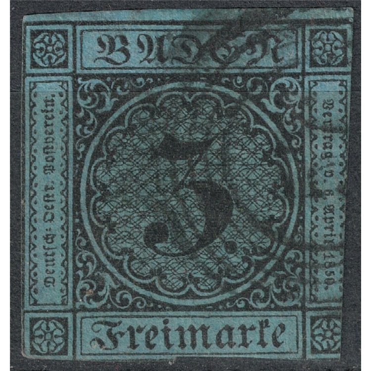 BADEN 1853-58 3 kreuzer azzurro chiaro us
