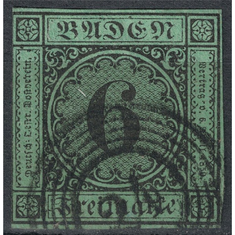 BADEN 1851-52 6 kreuzer green yellow us