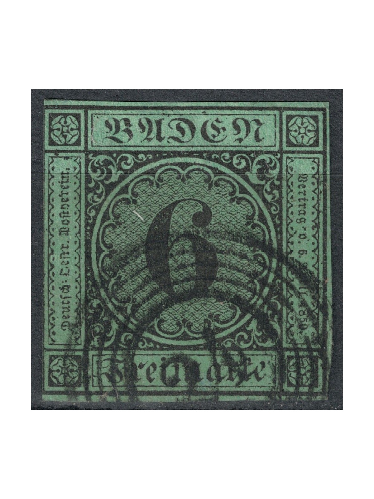 BADEN 1851-52 6 kreuzer green yellow us