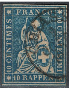 SVIZZERA 1854-62 Helvetia seduta 10r azzurro us