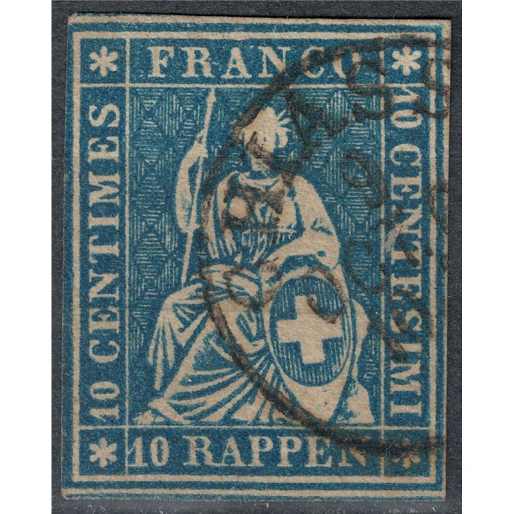 SVIZZERA 1854-62 Helvetia seduta 10r azzurro us