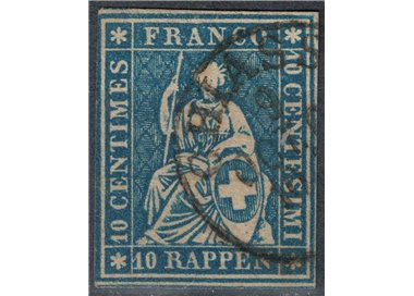 SWITZERLAND 1854-62 Helvetia seated 10r light blue used