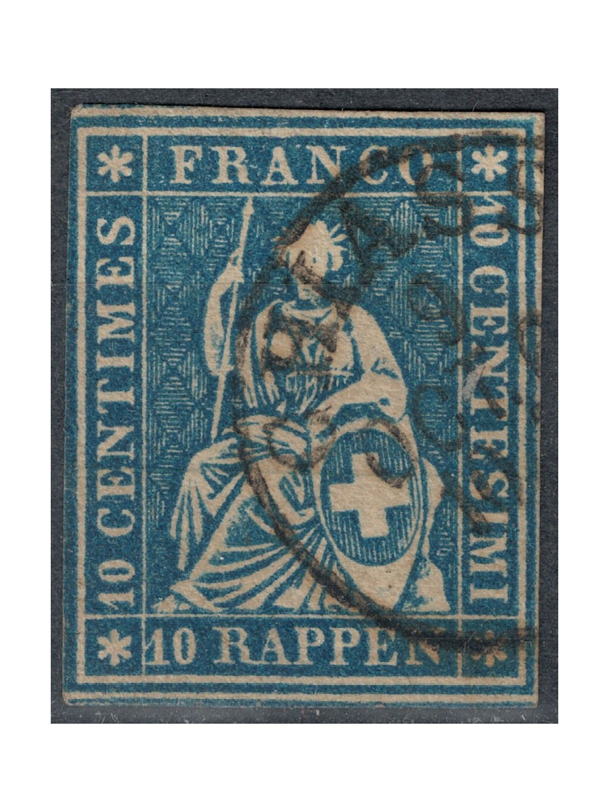 SWITZERLAND 1854-62 Helvetia seated 10r light blue used