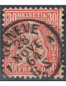 SVIZZERA 1862 Helvetia seduta 30 centesimi vermiglio us