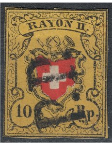 SWITZERLAND 1850 Rayon II 10r yellow, black and red used