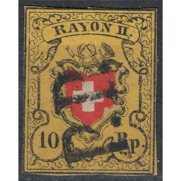 SWITZERLAND 1850 Rayon II 10r yellow, black and red used