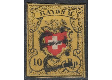 SWITZERLAND 1850 Rayon II 10r yellow, black and red used