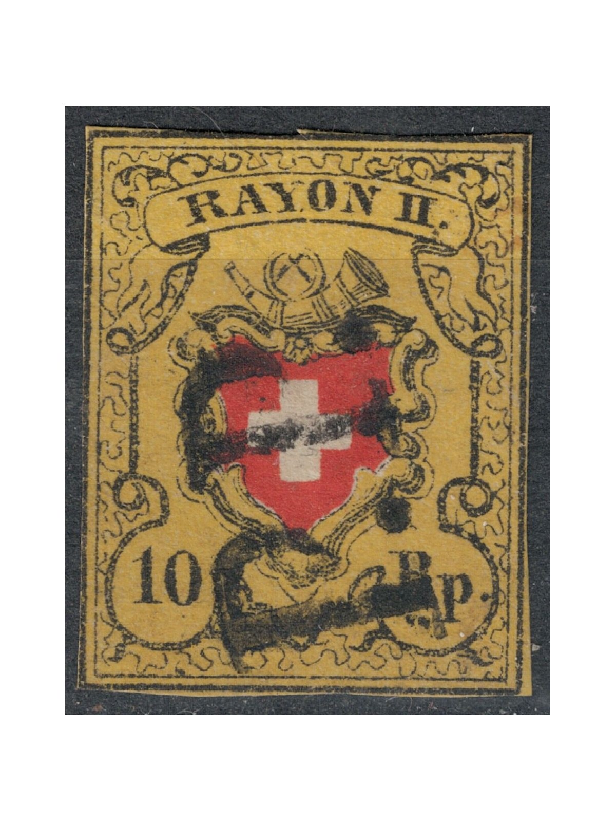 SWITZERLAND 1850 Rayon II 10r yellow, black and red used