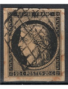 FRANCIA 1849-50 Cerere, 20c nero su giallo us