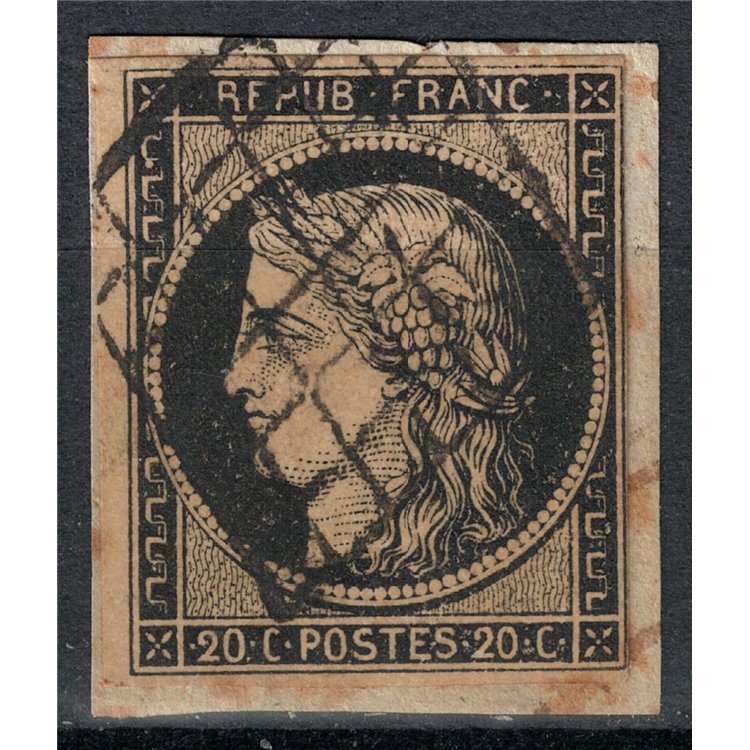 FRANCIA 1849-50 Cerere, 20c nero su giallo us