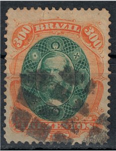 BRAZIL 1878 Pedro II 300r orange and green us