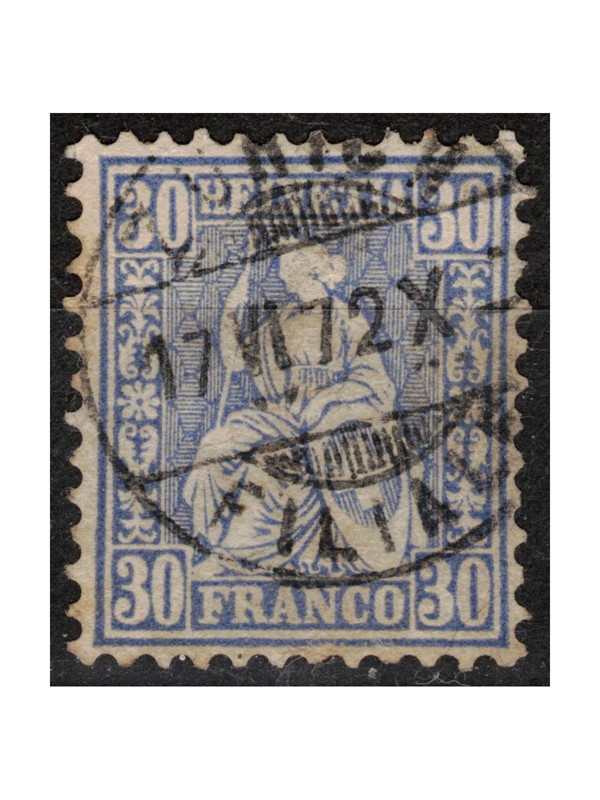 SWITZERLAND 1867-78 Helvetia seated 30 centimes ultramarine us