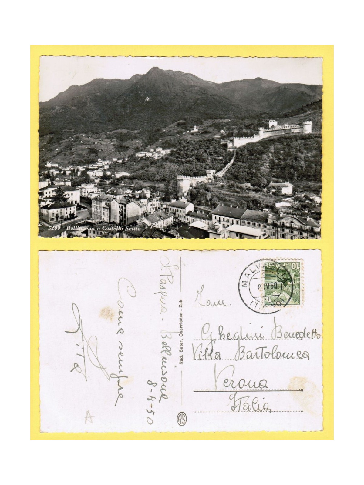 SWITZERLAND 1950 Postcard (Bellinzona and Castello Svitto)