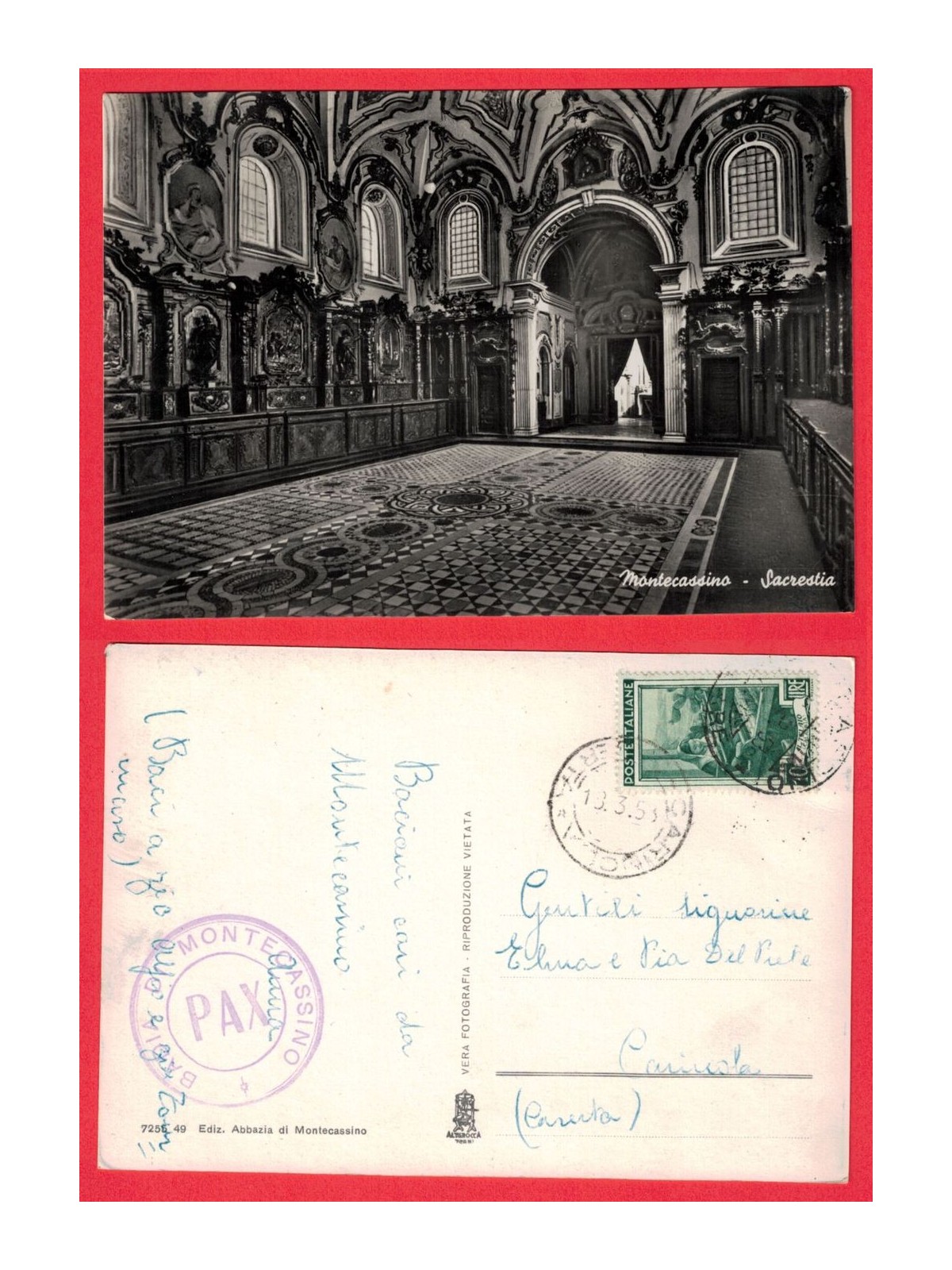 CARTOLINA MONTECASSINO SACRESTIA VIAGGIATA