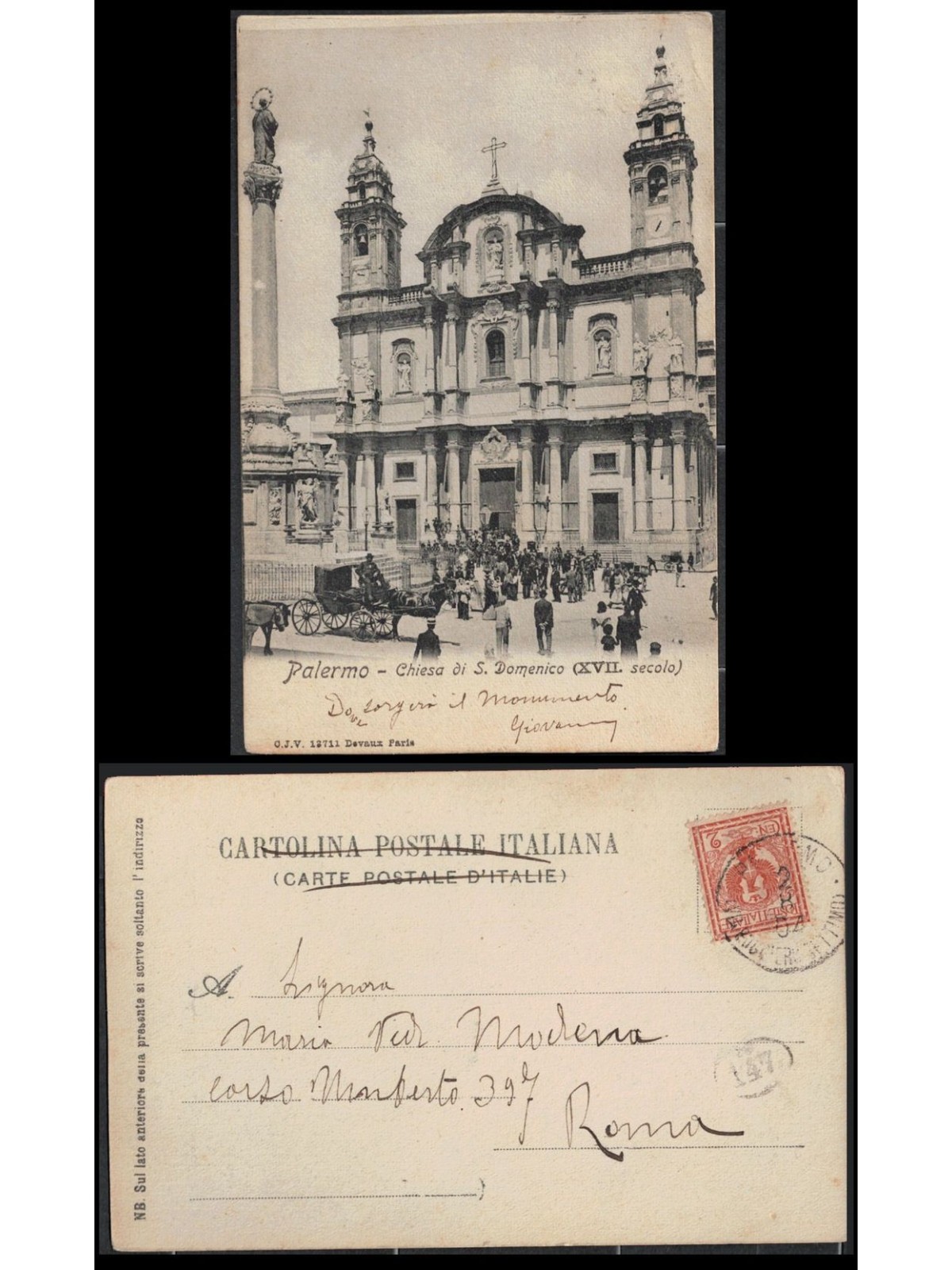 REGNO 1904 CARTOLINA VIAGGIATA PALERMO CHIESA DI SAN DOMENICO