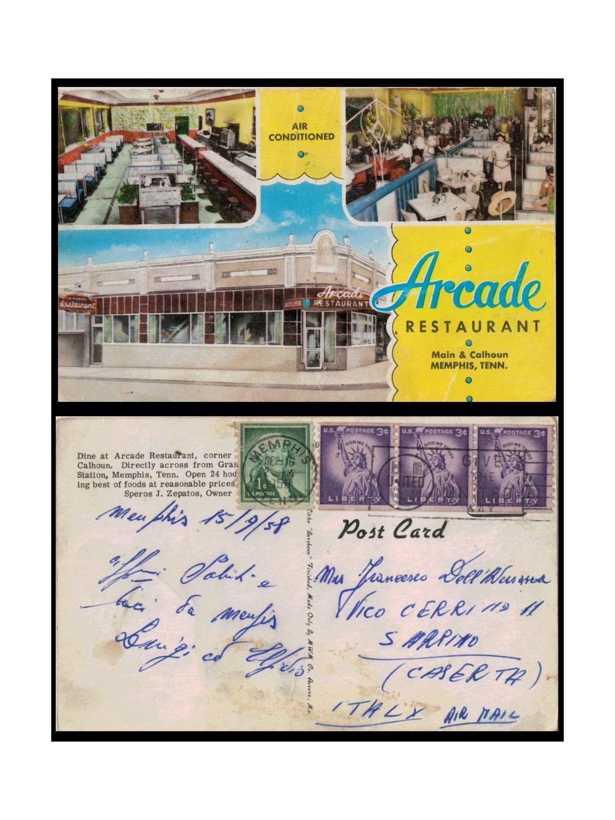 USA 1958 POSTAL CARD Arcade Restaurant (Memphis, Tennessee)