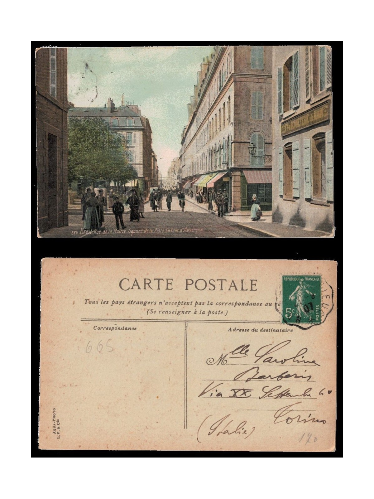 FRANCIA 1907 CARTOLINA VIAGGIATA Brest - Rue de la Mairie