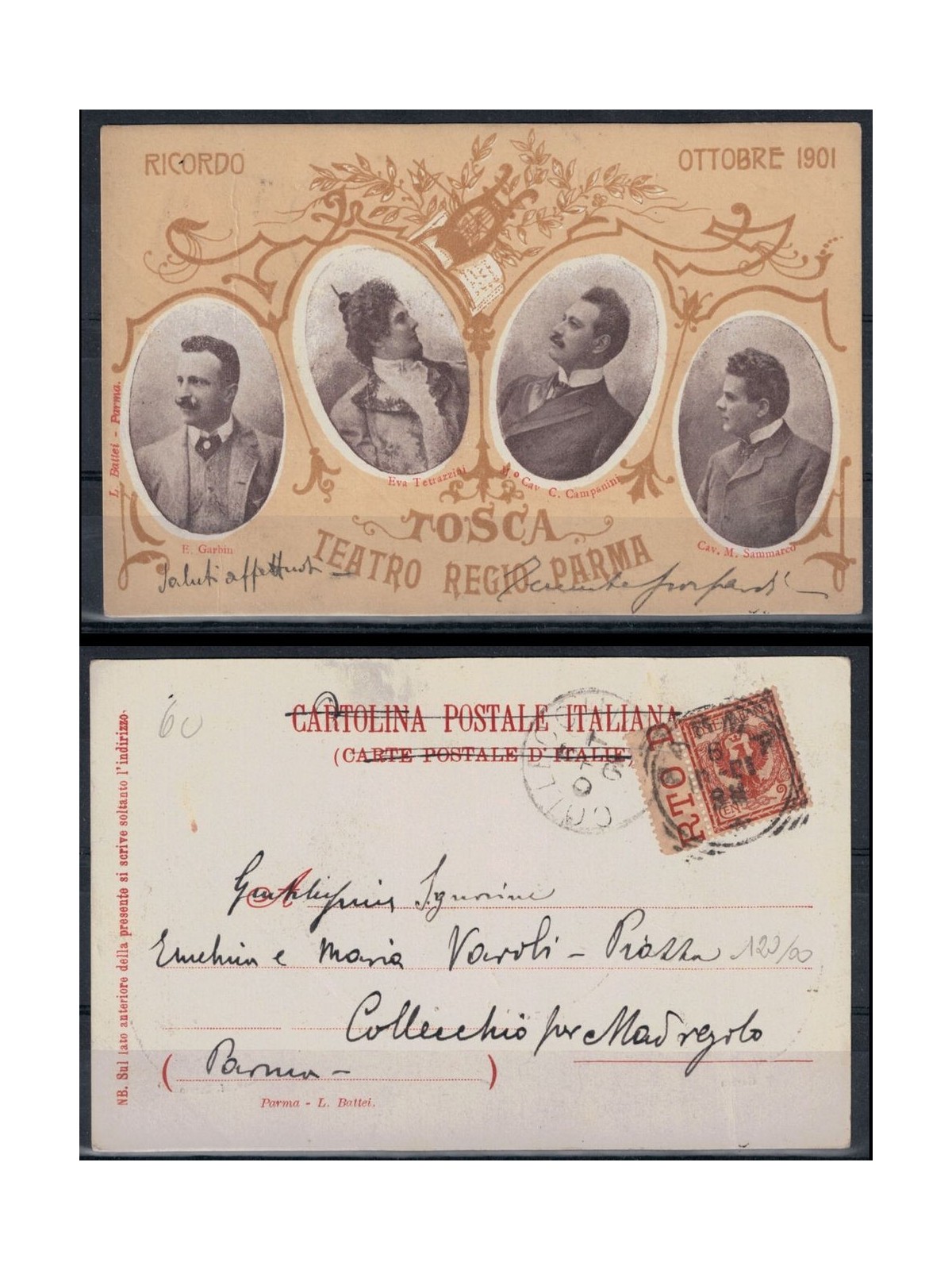 1901 Giacomo Puccini, Tosca, Teatro Regio di Parma, traveled souvenir postcard
