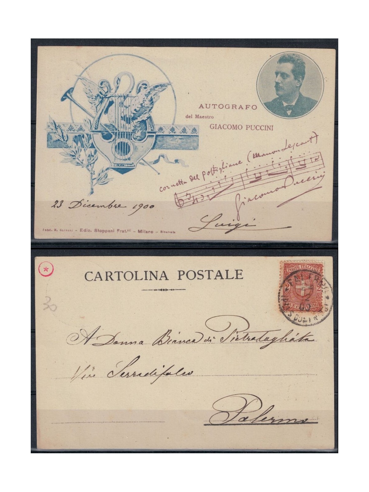 1900 Autografo del Maestro Giacomo Puccini, cartolina viaggiata