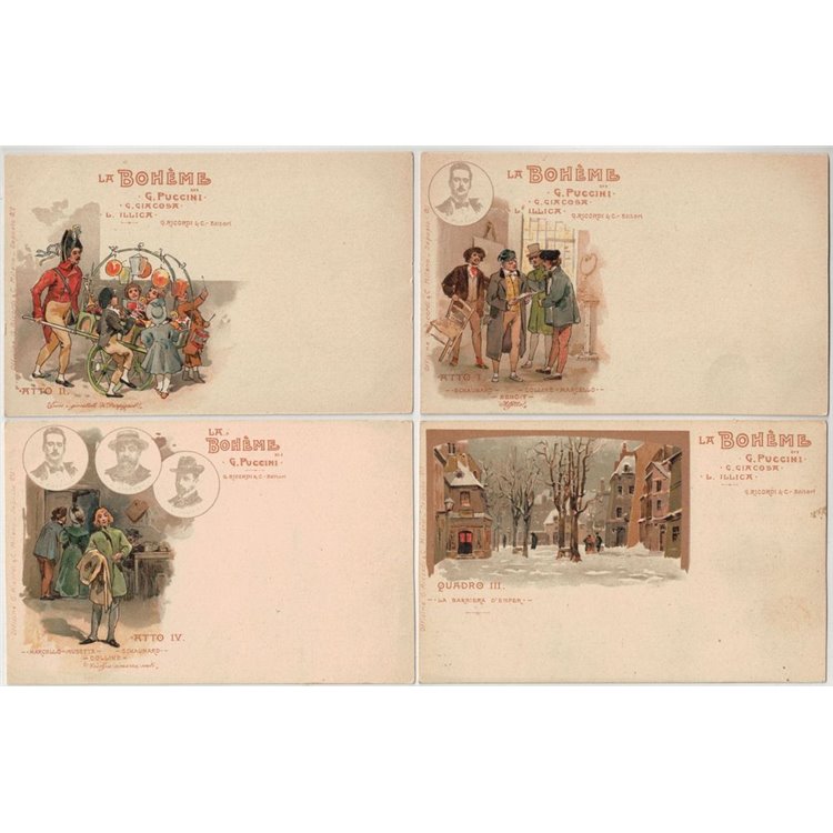 Giacomo Puccini, La Bohème, lotto di 8 cartoline nuove non viaggiate