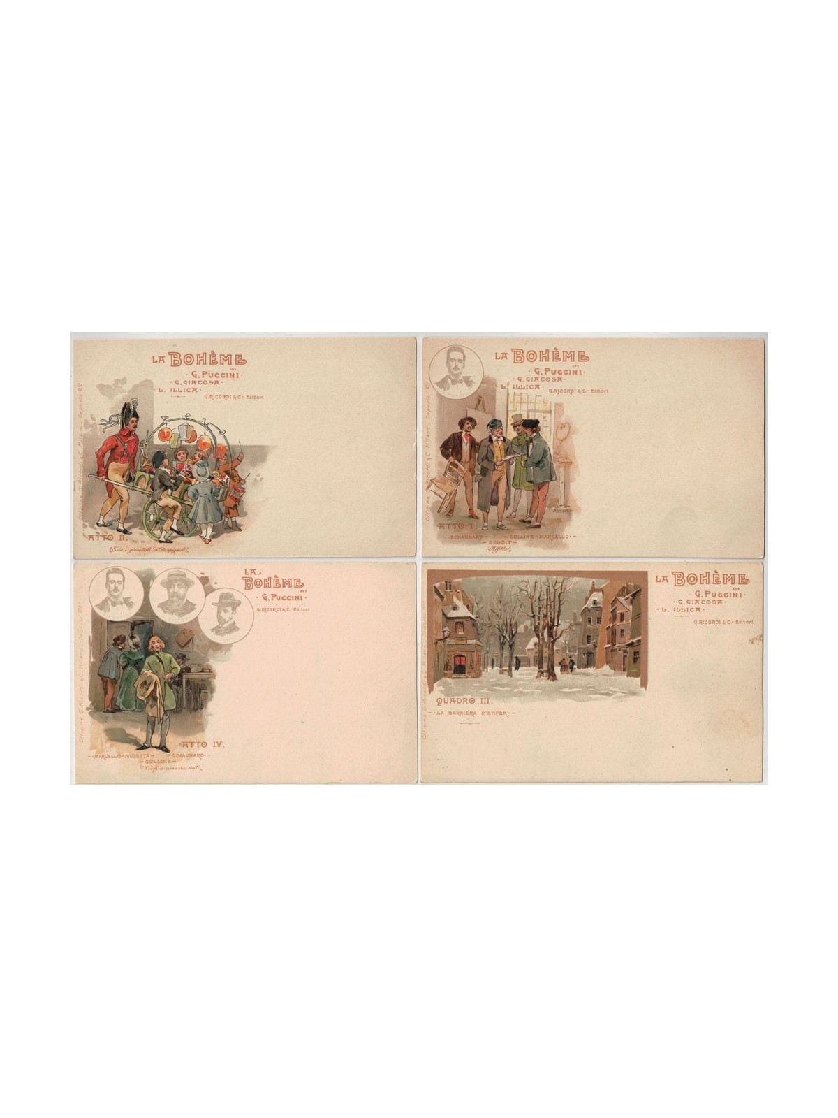 Giacomo Puccini, La Bohème, lotto di 8 cartoline nuove non viaggiate