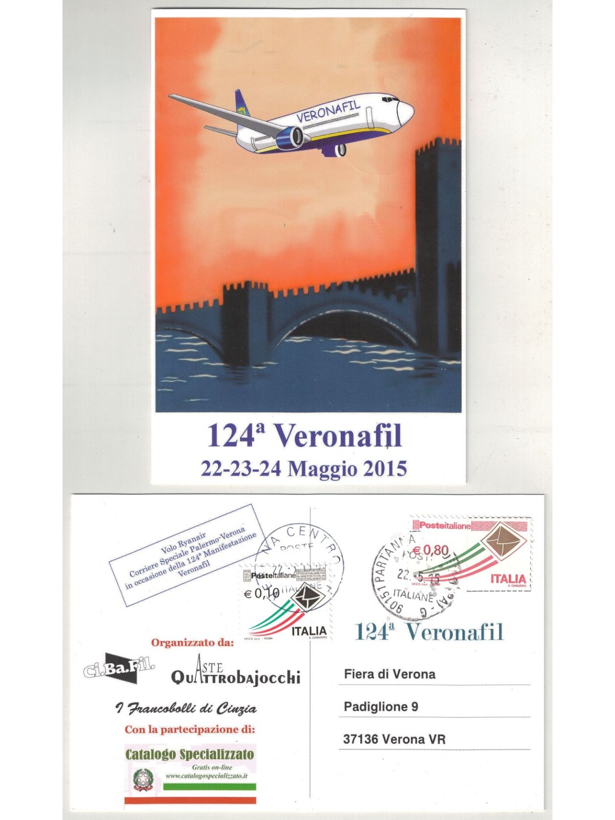 Postcard 124th Veronafil, Ryanair special courier flight Palermo-Verona
