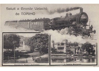 CARTOLINA Saluti a Grande Velocità da Torino, Stazione e Castello