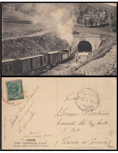 CARTOLINA Limone (Valle Vermenagna), treno che imbocca la galleria