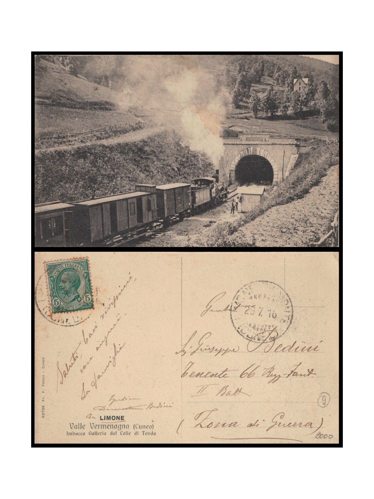 POSTCARD Limone (Vermenagna Valley), train entering the tunnel