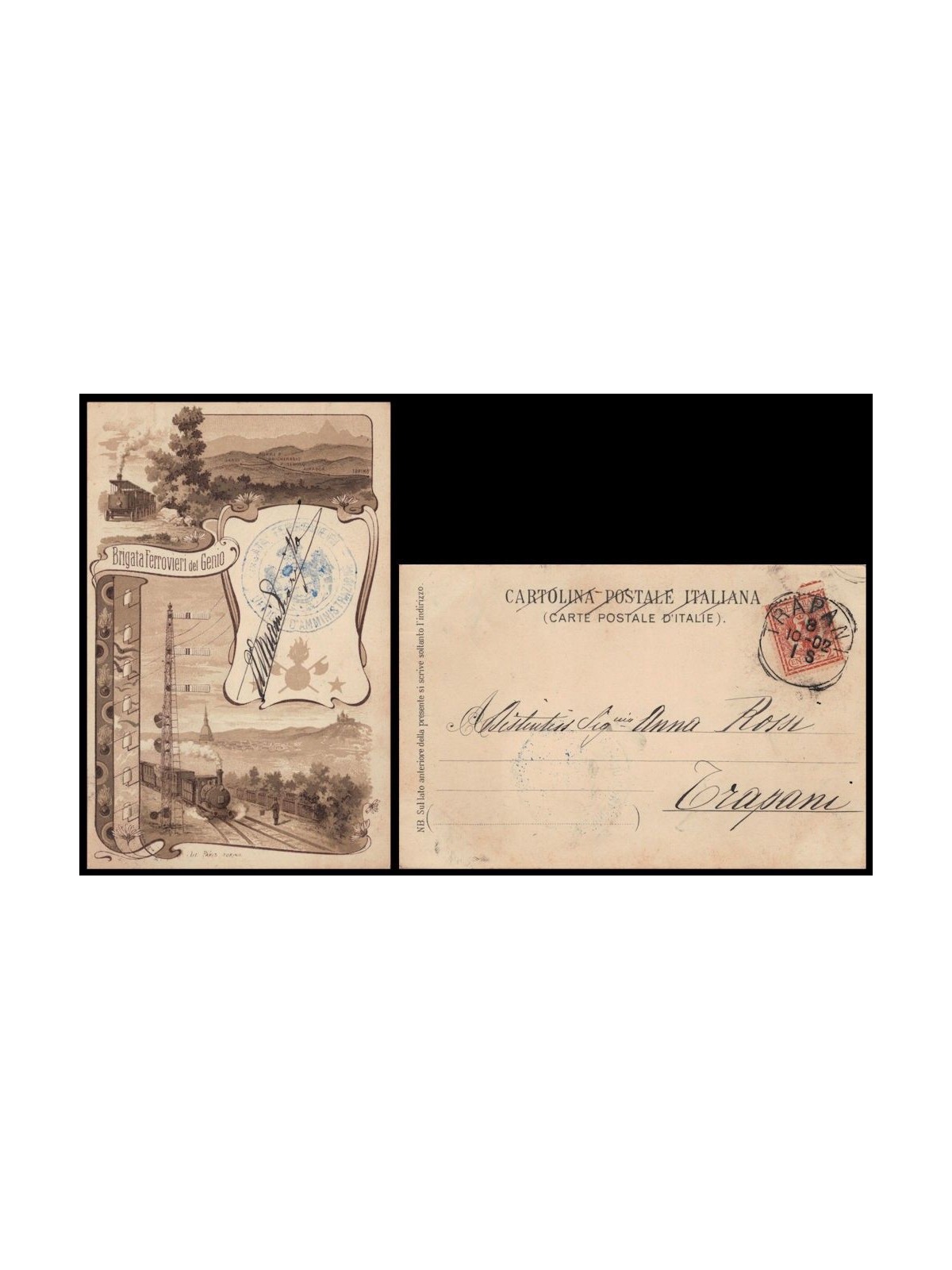 POSTCARD Railway Brigade of Engineers (round boxed cancellation)