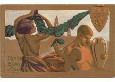 CARTOLINA Ricordo Esposizione di Faenza 1908, onoranze a Evangelista Torricelli