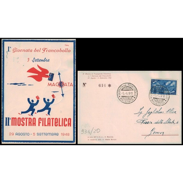 POSTCARD 1st Stamp Day and 2nd Philatelic Exhibition (Macerata 1948)