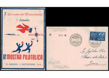 POSTCARD 1st Stamp Day and 2nd Philatelic Exhibition (Macerata 1948)