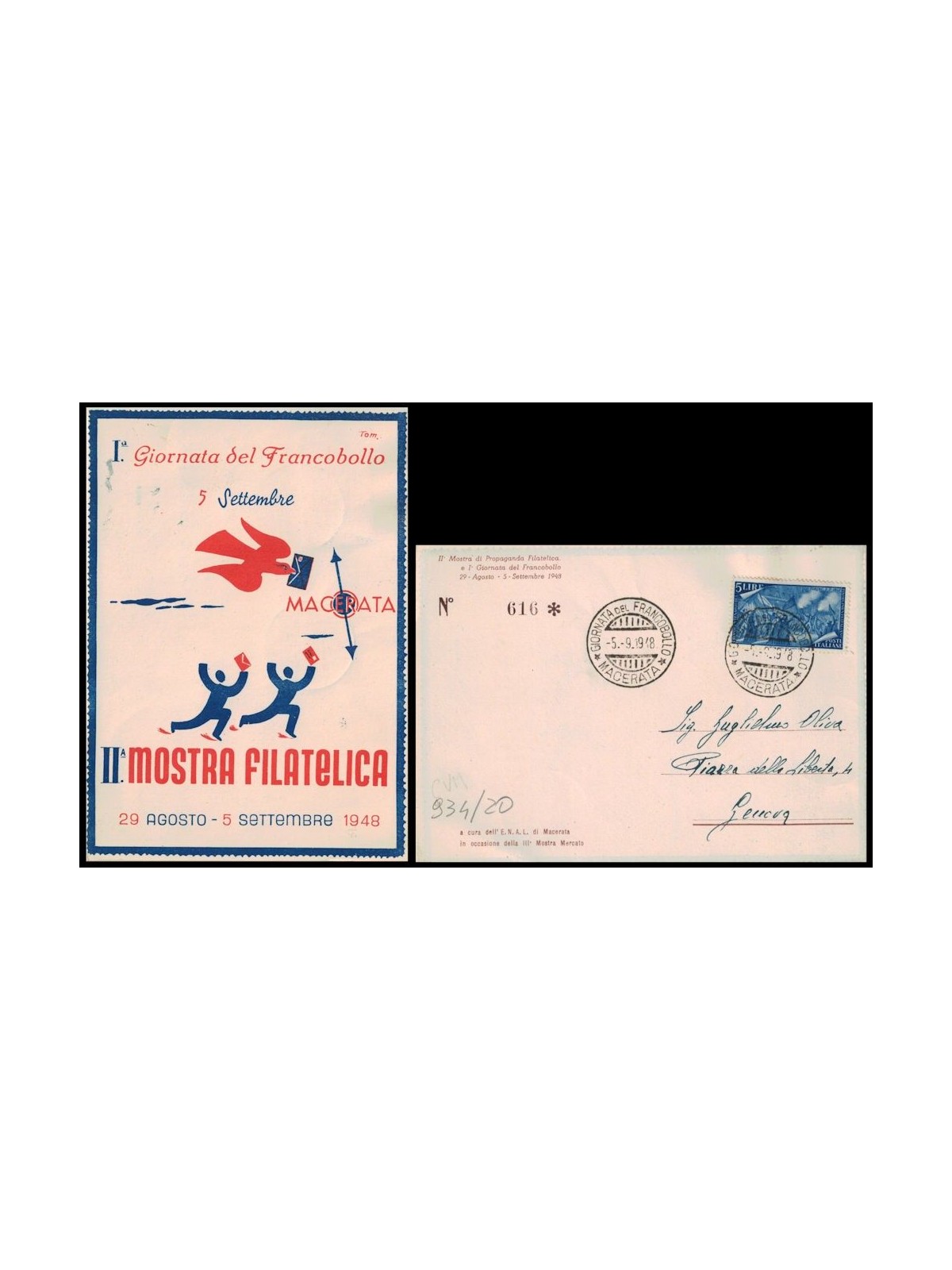 CARTOLINA 1ª Giornata del Francobollo e 2ª Mostra Filatelica (Macerata 1948)