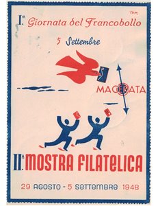 CARTOLINA 1ª Giornata del Francobollo e 2ª Mostra Filatelica (Macerata 1948)