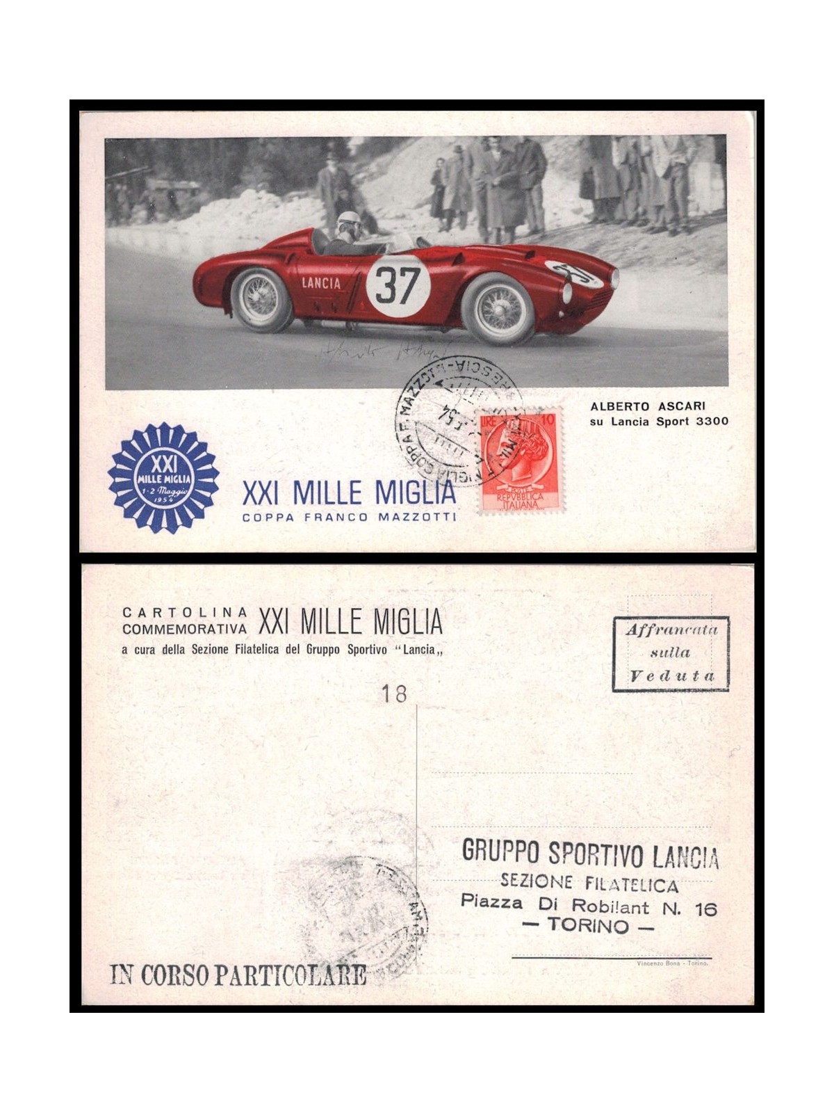 CARTOLINA 21ª Edizione della Mille Miglia, Alberto Ascari (1954)