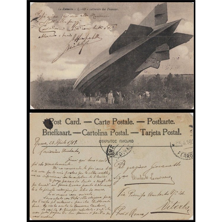 POSTCARD Zeppelin L49 airship captured by the French (1917)